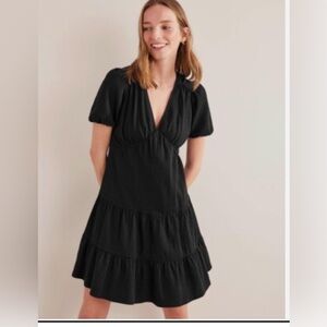 Boden Jersey Seersucker Navy Textured V Neck Puff Sleeve Black Dress Size 6R